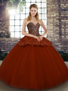 Floor Length Ball Gowns Sleeveless Rust Red Quince Ball Gowns Lace Up