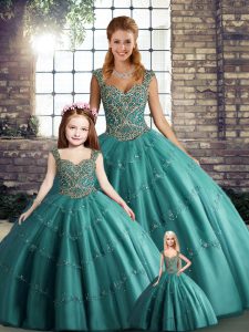 Teal Sleeveless Floor Length Beading and Appliques Lace Up Sweet 16 Dresses
