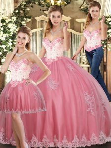 Watermelon Red Tulle Lace Up Quinceanera Dresses Sleeveless Floor Length Beading and Appliques