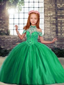 Stunning Green Ball Gowns Beading Little Girls Pageant Dress Wholesale Lace Up Tulle Sleeveless Floor Length