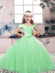 Sleeveless Floor Length Lace and Belt Lace Up Pageant Dress Toddler with