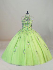 Edgy Halter Top Sleeveless 15 Quinceanera Dress Brush Train Embroidery Yellow Green Tulle
