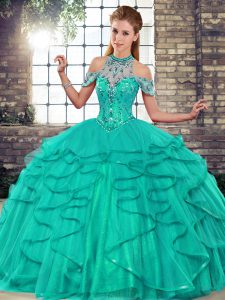 Captivating Halter Top Sleeveless Tulle 15th Birthday Dress Beading and Ruffles Lace Up