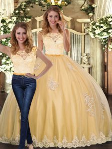 Clearance Gold Sleeveless Lace and Appliques Floor Length Quinceanera Gowns
