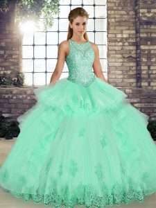 Free and Easy Apple Green Scoop Neckline Lace and Embroidery and Ruffles Quinceanera Gown Sleeveless Lace Up