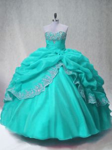 New Style Aqua Blue Ball Gowns Organza Sweetheart Sleeveless Beading and Appliques Floor Length Lace Up Vestidos de Quinceanera