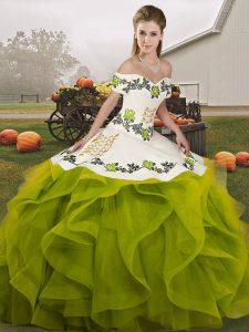 Olive Green Ball Gowns Embroidery and Ruffles Quince Ball Gowns Lace Up Tulle Sleeveless Floor Length