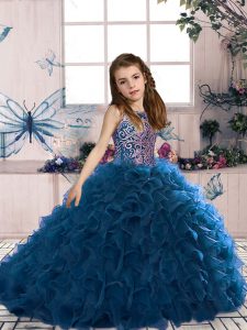Unique Navy Blue Lace Up Kids Pageant Dress Beading and Ruffles Sleeveless Floor Length