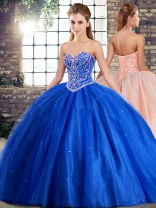 Sleeveless Beading Lace Up 15 Quinceanera Dress with Blue Brush Train