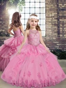 Lilac Ball Gowns Beading and Appliques Kids Pageant Dress Lace Up Tulle Sleeveless Floor Length