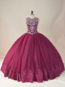 Artistic Scoop Long Sleeves Lace Up 15th Birthday Dress Burgundy Tulle