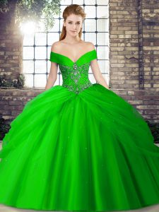 Green Sleeveless Tulle Brush Train Lace Up Sweet 16 Dress for Military Ball and Sweet 16 and Quinceanera