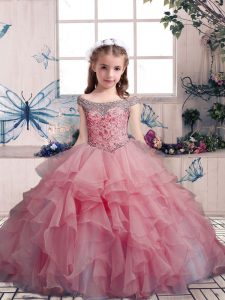 Fashion Pink Lace Up Little Girls Pageant Dress Wholesale Beading and Ruffles Sleeveless Floor Length