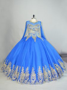 Blue Lace Up Sweet 16 Dresses Beading and Appliques Long Sleeves Floor Length