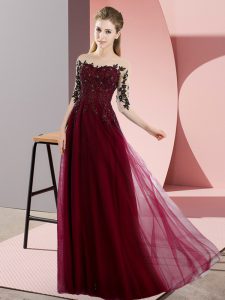 Fashion Burgundy Empire Beading and Lace Vestidos de Damas Lace Up Chiffon Half Sleeves Floor Length