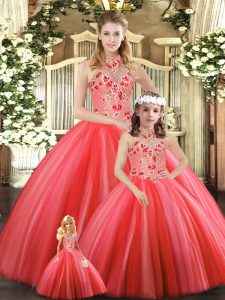 Fancy Halter Top Sleeveless Lace Up Sweet 16 Quinceanera Dress Coral Red Tulle
