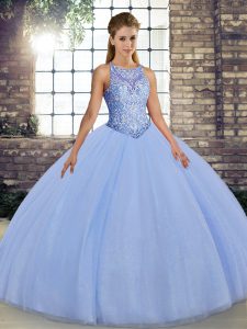 Delicate Sleeveless Floor Length Embroidery Lace Up Sweet 16 Quinceanera Dress with Lavender