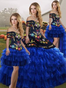 Cheap Blue And Black Sleeveless Floor Length Embroidery and Ruffled Layers Lace Up Quinceanera Gowns