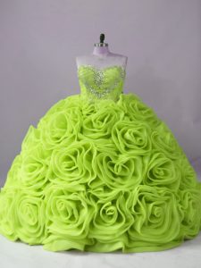 Sleeveless Fabric With Rolling Flowers Brush Train Lace Up Sweet 16 Dress in Yellow Green with Beading