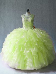 Ball Gowns Quinceanera Gowns Yellow Green Scoop Organza Sleeveless Floor Length Lace Up