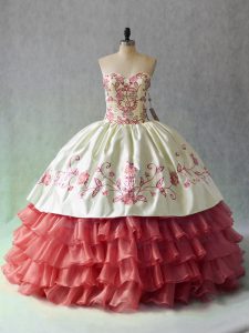 White And Red Sweetheart Neckline Embroidery and Ruffled Layers 15 Quinceanera Dress Sleeveless Lace Up