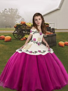 Fuchsia Lace Up Kids Pageant Dress Embroidery Sleeveless Floor Length