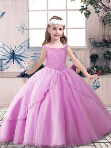 Adorable Off The Shoulder Sleeveless Lace Up Kids Pageant Dress Lilac Tulle