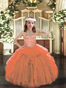Orange Lace Up Pageant Gowns For Girls Beading and Ruffles Sleeveless Floor Length