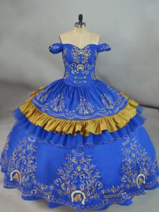 New Arrival Satin and Organza Off The Shoulder Sleeveless Lace Up Embroidery Quinceanera Gowns in Blue