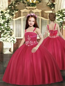 Red Ball Gowns Tulle Straps Sleeveless Beading Floor Length Lace Up Little Girls Pageant Dress Wholesale