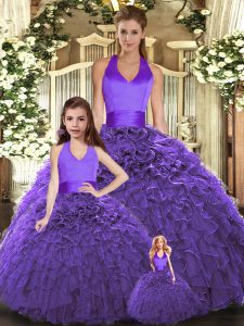 Fancy Sleeveless Tulle Floor Length Lace Up Sweet 16 Quinceanera Dress in Purple with Ruffles