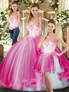 Discount Fuchsia Ball Gowns Tulle Sweetheart Sleeveless Beading Floor Length Lace Up 15 Quinceanera Dress