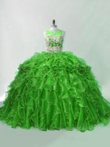 Green Sleeveless Beading and Ruffles Zipper Sweet 16 Quinceanera Dress