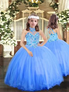 Blue Sleeveless Floor Length Appliques Lace Up Little Girls Pageant Dress Wholesale