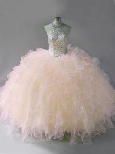 Fabulous Pink Tulle Lace Up Halter Top Sleeveless Floor Length 15th Birthday Dress Beading and Ruffles