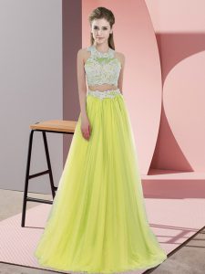Sleeveless Floor Length Lace Zipper Damas Dress with Yellow