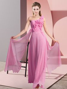 Fashion One Shoulder Sleeveless Court Dresses for Sweet 16 Floor Length Hand Made Flower Rose Pink Chiffon
