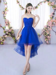 Excellent Royal Blue A-line Lace Quinceanera Court Dresses Lace Up Tulle Sleeveless High Low