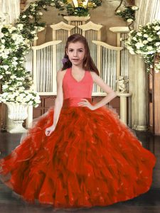 Attractive Floor Length Rust Red Custom Made Pageant Dress Organza Sleeveless Ruffles