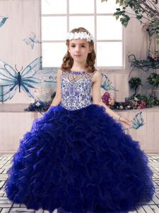 Royal Blue Organza Lace Up Little Girls Pageant Dress Sleeveless Floor Length Beading and Ruffles