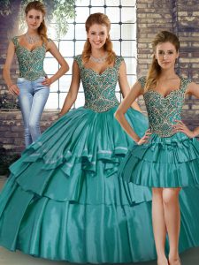 Extravagant Floor Length Three Pieces Sleeveless Teal Quinceanera Gown Lace Up