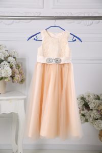 Peach Scoop Zipper Lace and Belt Toddler Flower Girl Dress Sleeveless