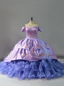 Colorful Lavender Lace Up Sweet 16 Quinceanera Dress Embroidery and Ruffles Sleeveless Chapel Train