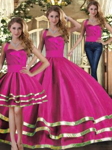 On Sale Fuchsia Three Pieces Tulle Halter Top Sleeveless Ruffled Layers Floor Length Lace Up Sweet 16 Dresses