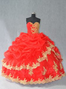 Red Lace Up Quinceanera Dress Lace and Appliques and Pick Ups Sleeveless Floor Length