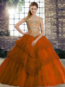 Rust Red Lace Up Ball Gown Prom Dress Beading and Lace Sleeveless Brush Train