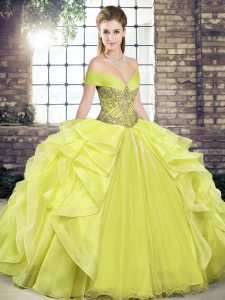 Beautiful Yellow Sleeveless Organza Lace Up Quince Ball Gowns for Military Ball and Sweet 16 and Quinceanera