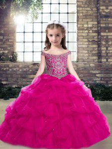 Fuchsia Off The Shoulder Neckline Beading and Pick Ups Little Girls Pageant Gowns Sleeveless Lace Up