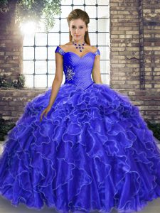Suitable Royal Blue Organza Lace Up Off The Shoulder Sleeveless 15 Quinceanera Dress Brush Train Beading and Ruffles