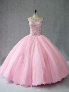 Trendy Sleeveless Organza Floor Length Lace Up Quinceanera Gowns in Baby Pink with Beading